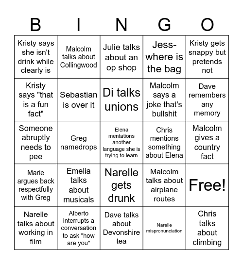 Baker wedding bingo Card