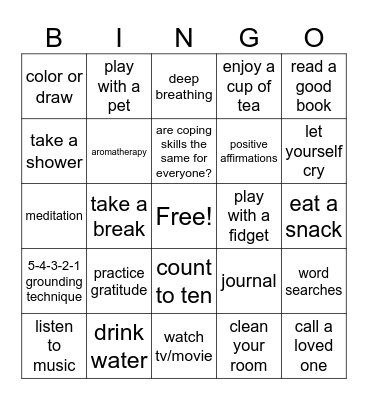 coping skills Bingo Card