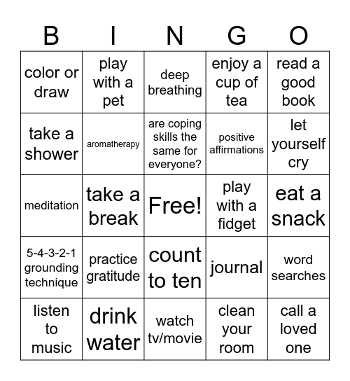coping skills Bingo Card