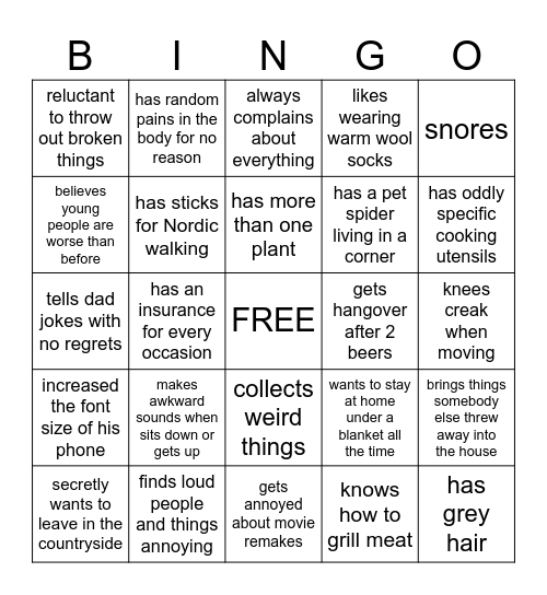 Old Man Bingo Card