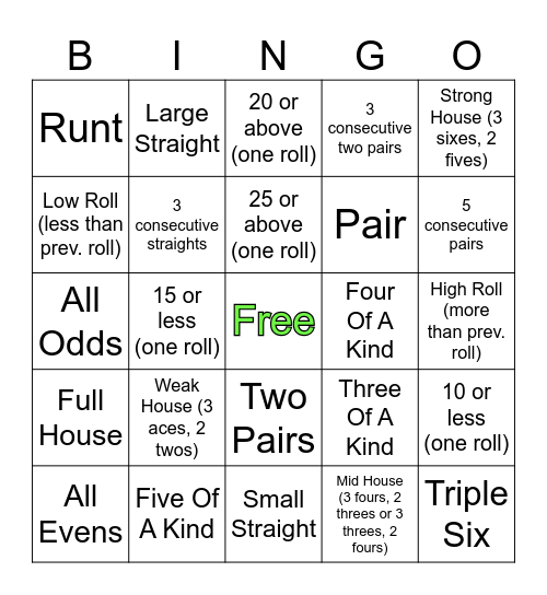 Dice Bingo Card