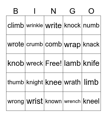 Silent letters bingo Card