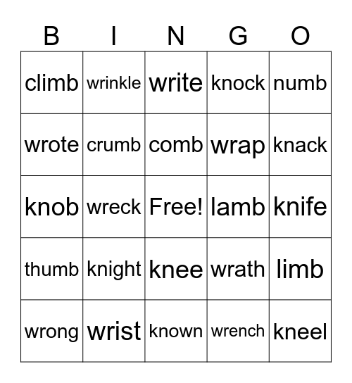 Silent letters bingo Card