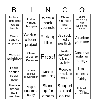 Social Action Bingo Card