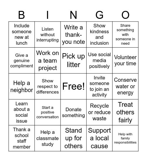 Social Action Bingo Card