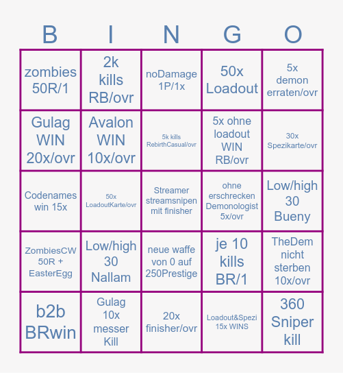 BINGO extreme Bingo Card
