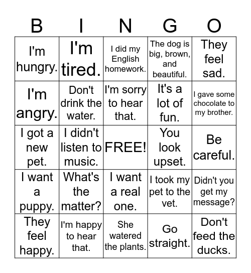 Lesson 4 Bingo Card