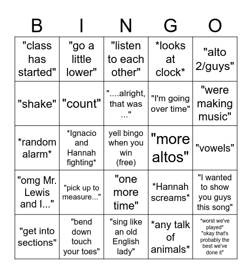 choir bingo Card