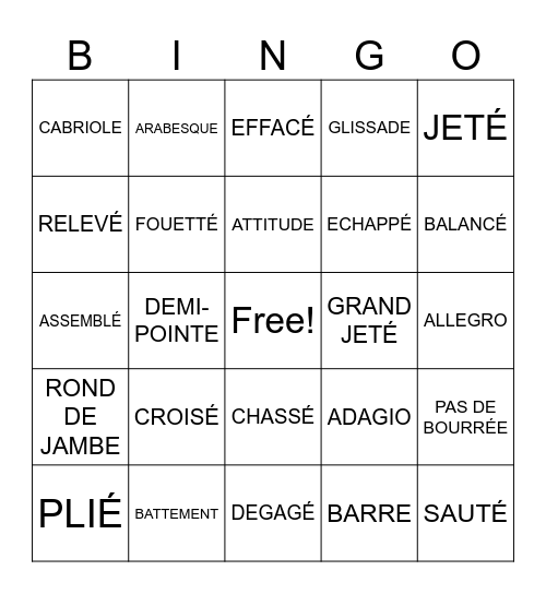 BALLET! Bingo Card