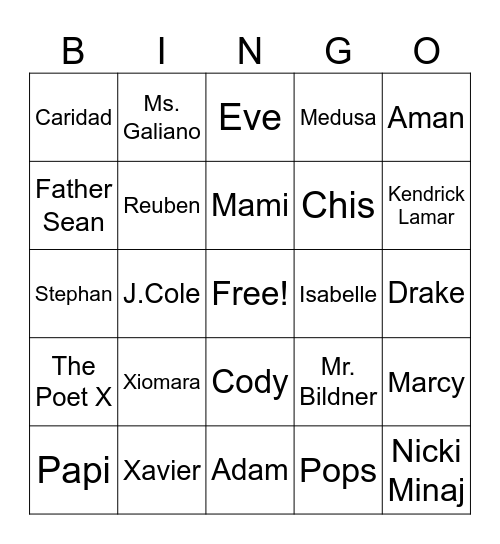 The Poet X Characters Bingo Card