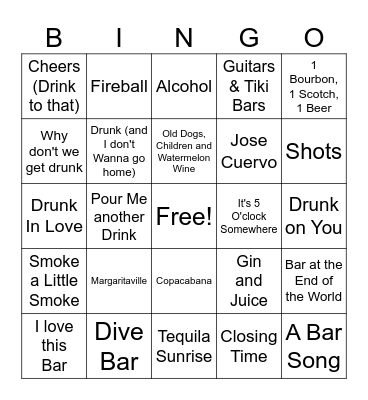Bar Songs Bingo Card