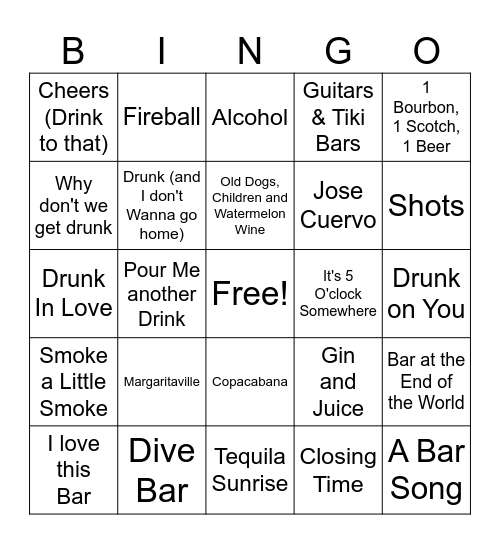 Bar Songs Bingo Card