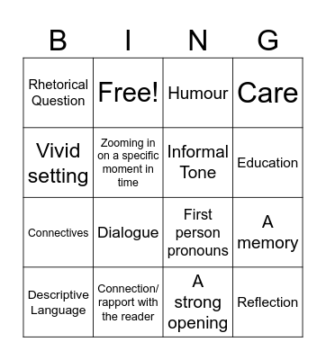 Personal Writing Bingo Card