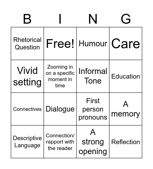 Personal Writing Bingo Card