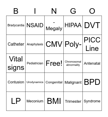 CODING Medical Terminology BINGO Card