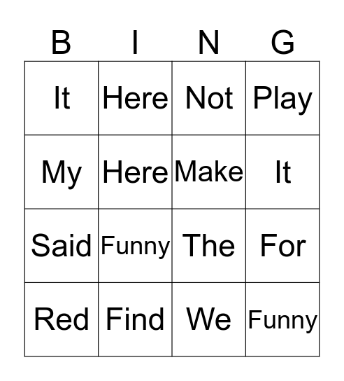 Pre-Primer  Bingo Card