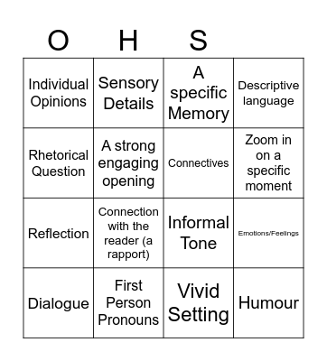 Personal Writing Bingo Card
