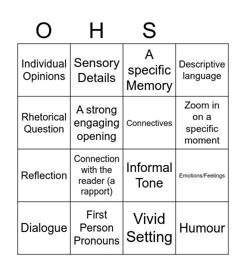 Personal Writing Bingo Card