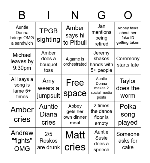 Jones Wedding Bingo Card