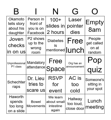 Pharmacy School BINGO Card