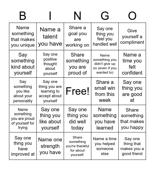 SELF-ESTEEM BINGO Card