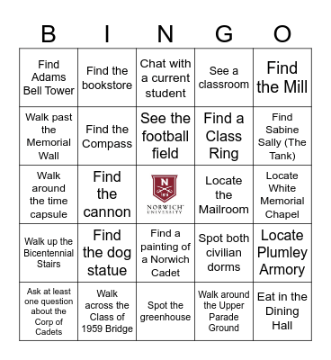 Norwich University Bingo Card