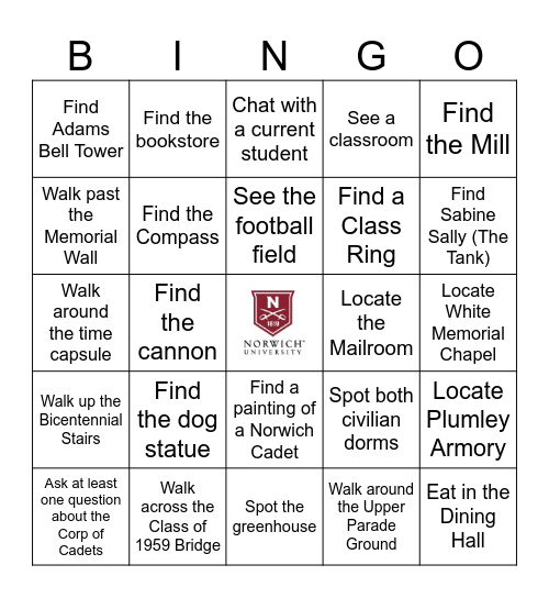 Norwich University Bingo Card