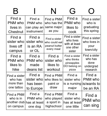 Sister/PNM Bingo Card