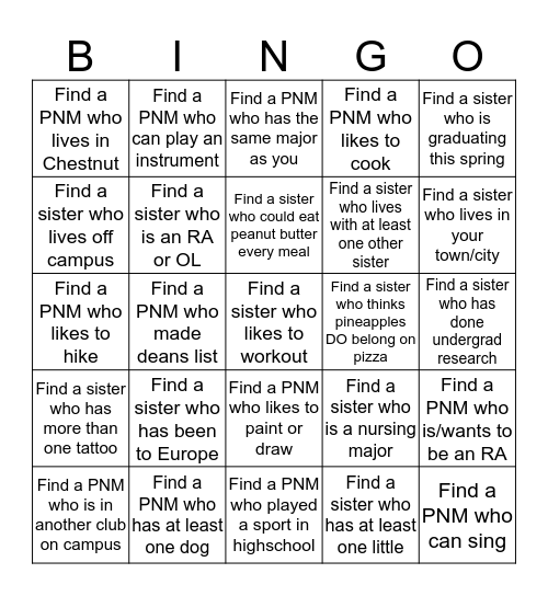 Sister/PNM Bingo Card