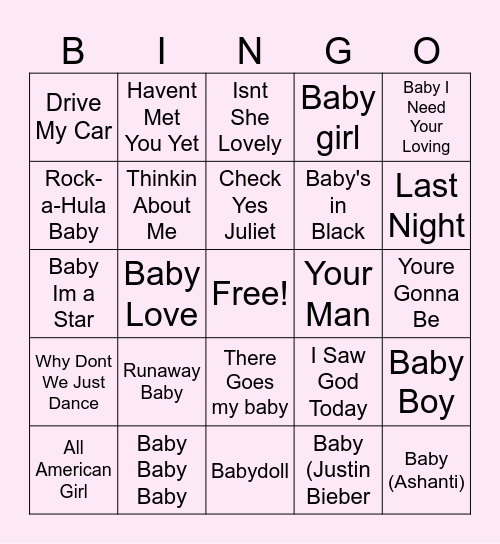 B&B Baby Music Bingo Card