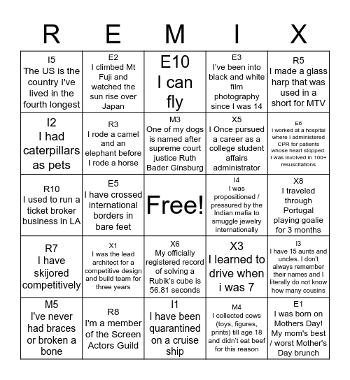 REMIX Bingo Card