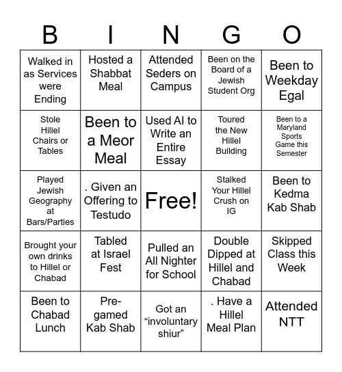 Maryland Hillel (NESHAMA) Bingo Card