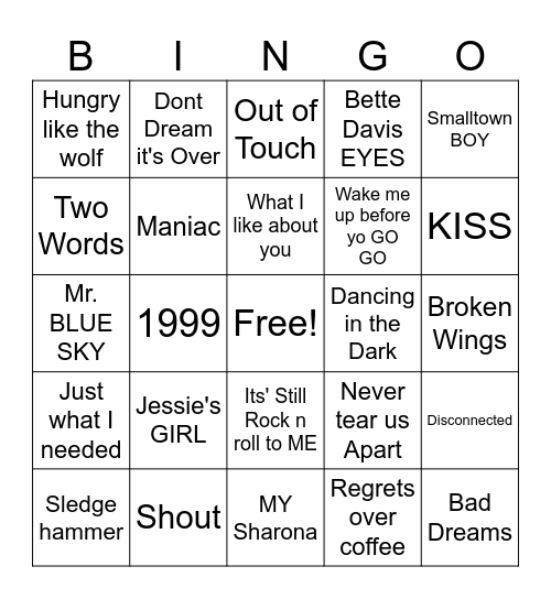 80's POP hits Bingo Card