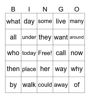 Irregular Word Bingo Card