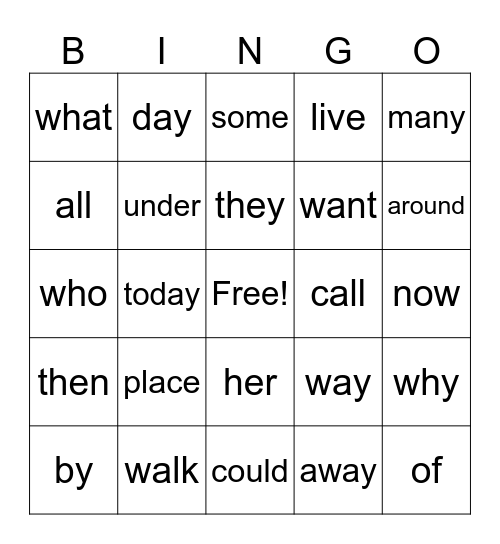 Irregular Word Bingo Card