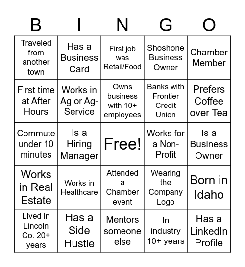 Frontier CU Business After Hours Bingo Card