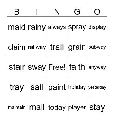 Words with ai, ay Bingo Card