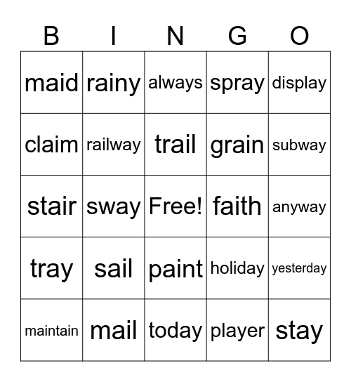 Words with ai, ay Bingo Card