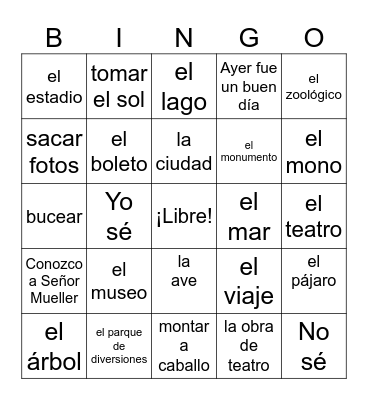 Español 1 - Vocabulario de vacaciones & también práctica de saber, conocer y el pretérito Auténtico 8A Bingo Card