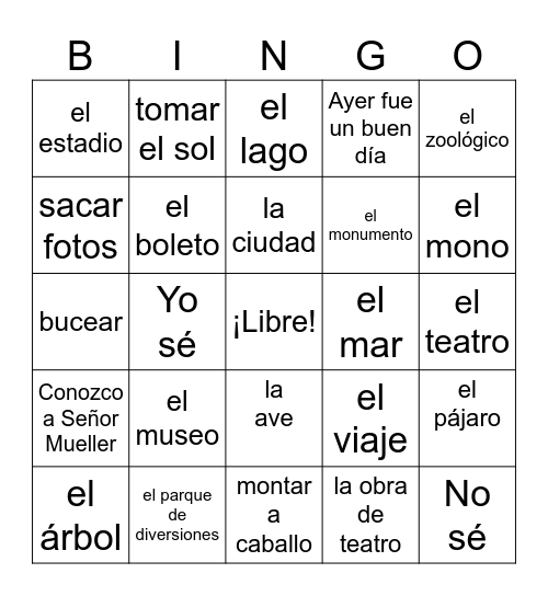 Español 1 - Vocabulario de vacaciones & también práctica de saber, conocer y el pretérito Auténtico 8A Bingo Card