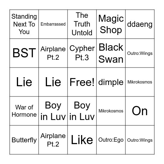 BTS Surprise Songs I Need to Hear Live Bingo Card