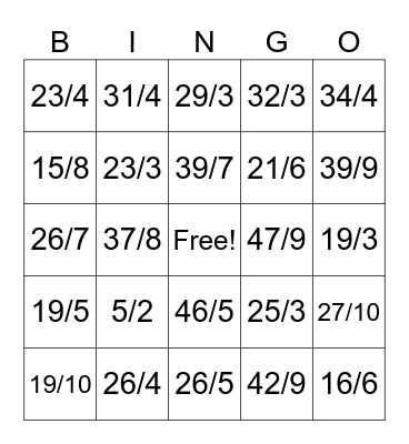 Mixed Numbers to Improper Fractions Bingo Card