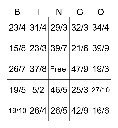 Mixed Numbers to Improper Fractions Bingo Card