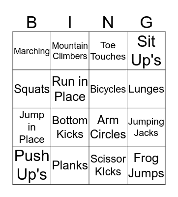 Fitness Bingo Card