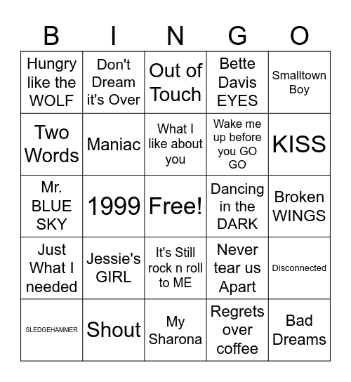 80's POP Hits Bingo Card