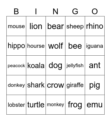Animals Bingo Card