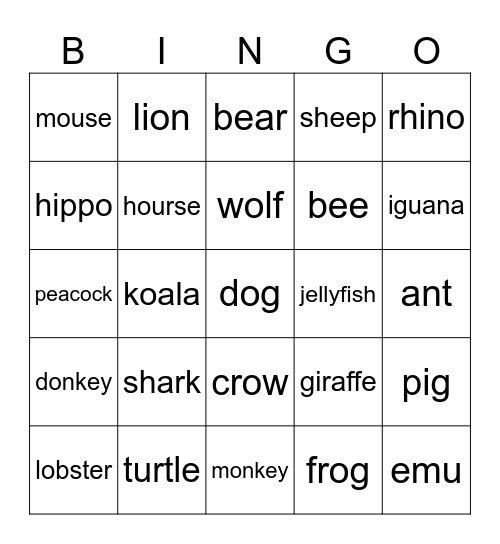 Animals Bingo Card