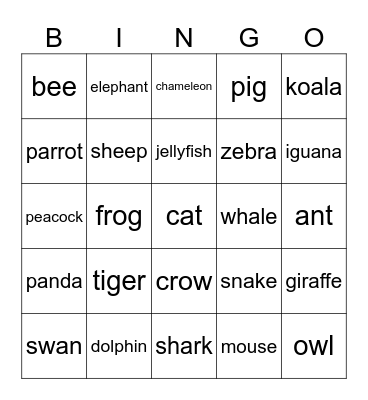 Animals Bingo Card