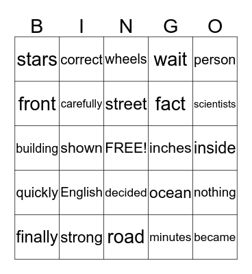 Fry's Fifth 100 Words Bingo Card