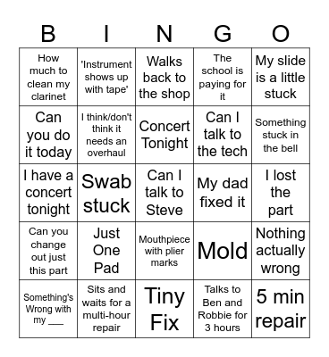 Virtuosity Repair Bingo Card